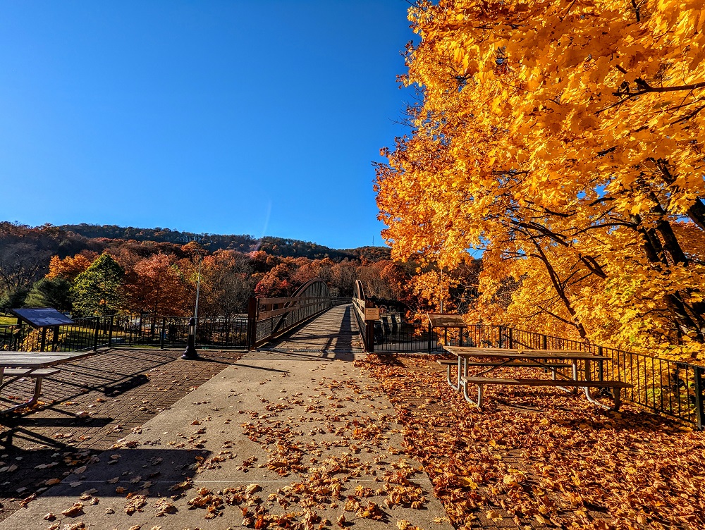 Beautiful fall colors at one end of the Great Allegheny Passage Bridge