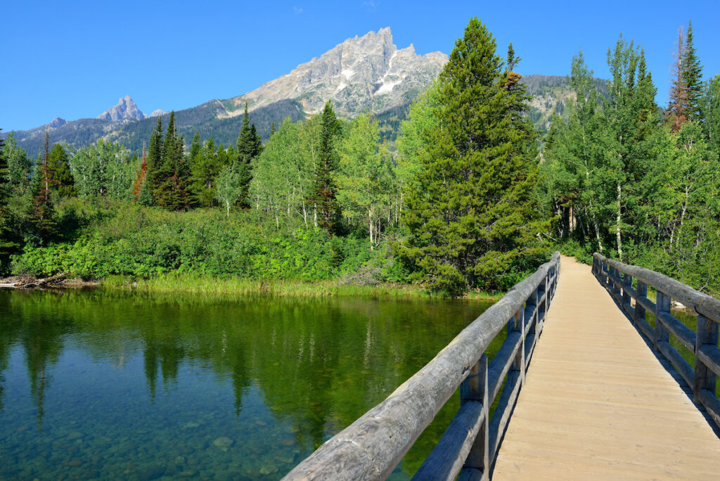 Bridge across Jenny Lake in Grand Teton National Park in Summer.