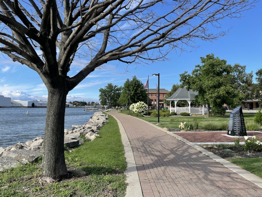 The Fox River State Trail surface changes to pavers for a brief stretch in Green Bay