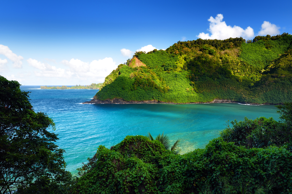 Beautiful views of Maui North coast seen from famous winding Road to Hana. Hawaii, USA.