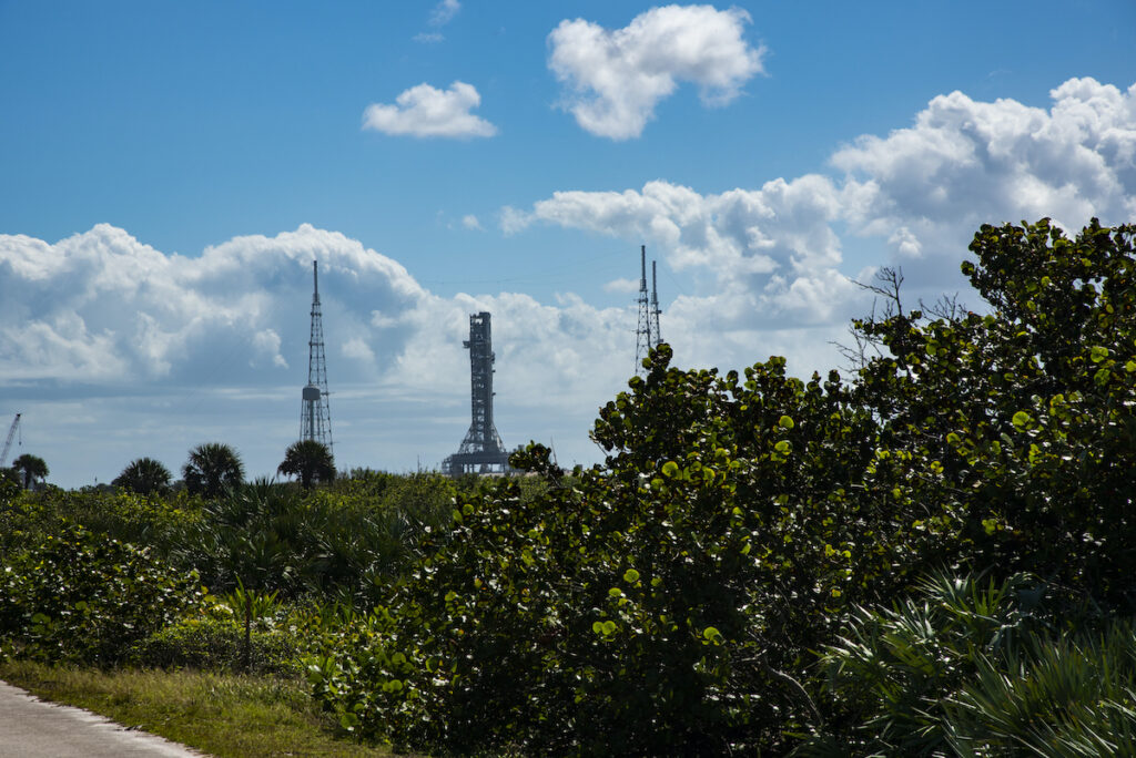 The launch towers near the Canaveral National Seashore.